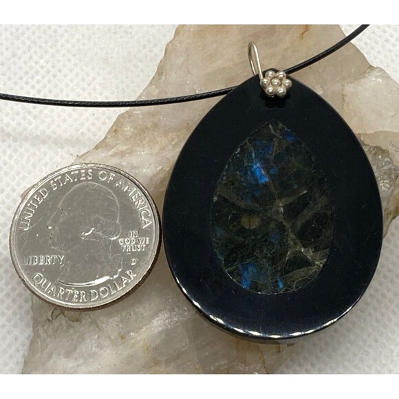 Vintage Labradorite Stone Inlay Pendant 18.5'' Necklace Sterling 925 Silver 16g - Picture 3 of 8
